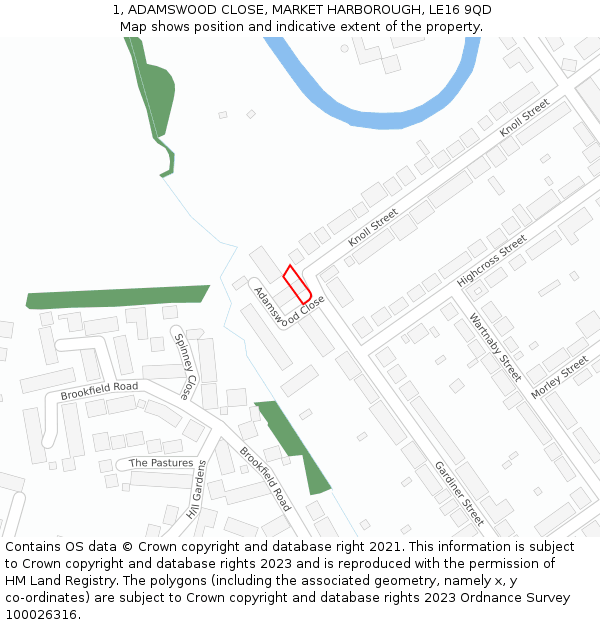 1, ADAMSWOOD CLOSE, MARKET HARBOROUGH, LE16 9QD: Location map and indicative extent of plot