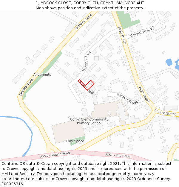 1, ADCOCK CLOSE, CORBY GLEN, GRANTHAM, NG33 4HT: Location map and indicative extent of plot