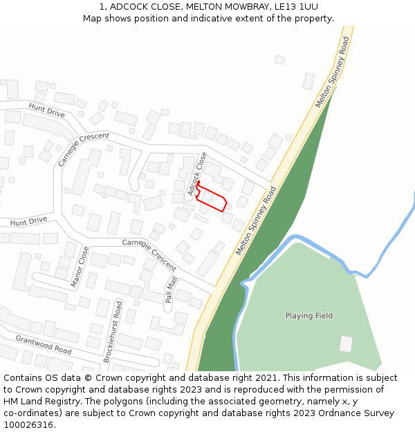 1, ADCOCK CLOSE, MELTON MOWBRAY, LE13 1UU: Location map and indicative extent of plot