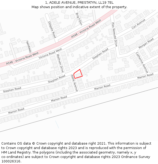 1, ADELE AVENUE, PRESTATYN, LL19 7EL: Location map and indicative extent of plot