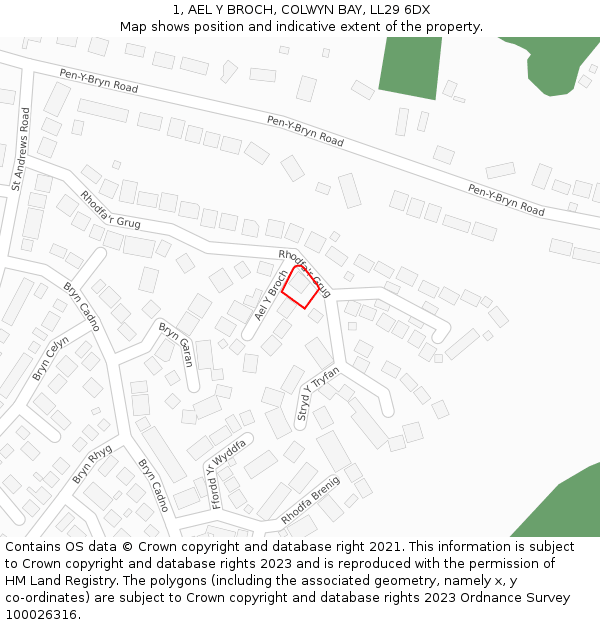 1, AEL Y BROCH, COLWYN BAY, LL29 6DX: Location map and indicative extent of plot