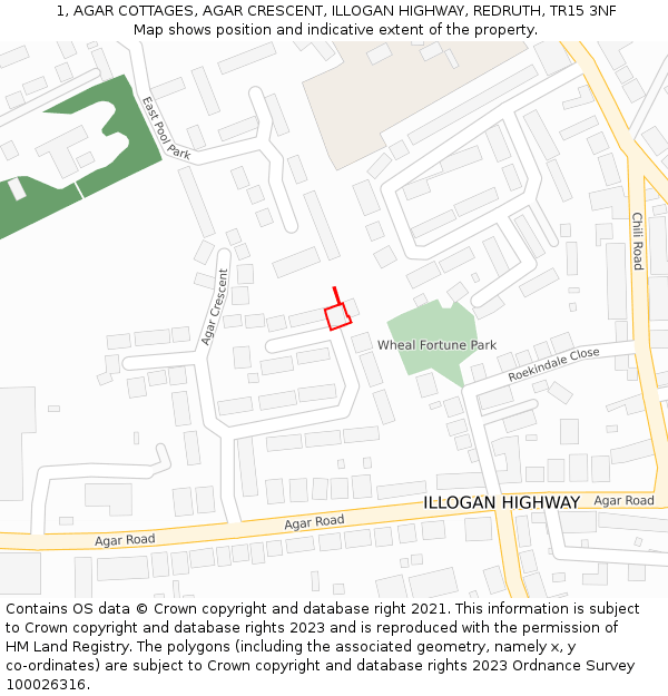 1, AGAR COTTAGES, AGAR CRESCENT, ILLOGAN HIGHWAY, REDRUTH, TR15 3NF: Location map and indicative extent of plot