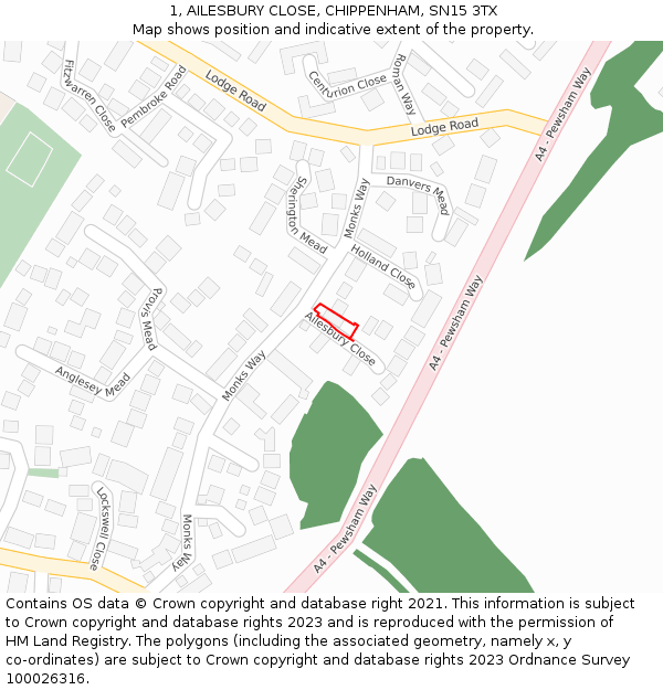 1, AILESBURY CLOSE, CHIPPENHAM, SN15 3TX: Location map and indicative extent of plot