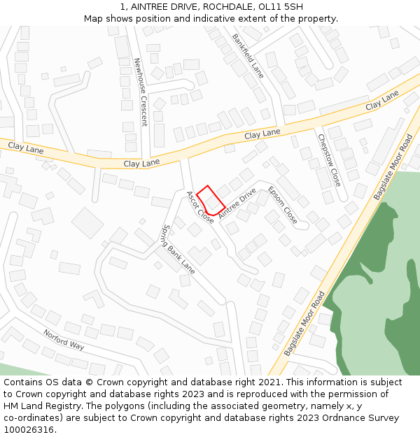 1, AINTREE DRIVE, ROCHDALE, OL11 5SH: Location map and indicative extent of plot
