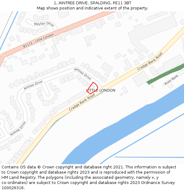 1, AINTREE DRIVE, SPALDING, PE11 3BT: Location map and indicative extent of plot