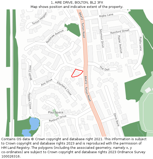 1, AIRE DRIVE, BOLTON, BL2 3FX: Location map and indicative extent of plot