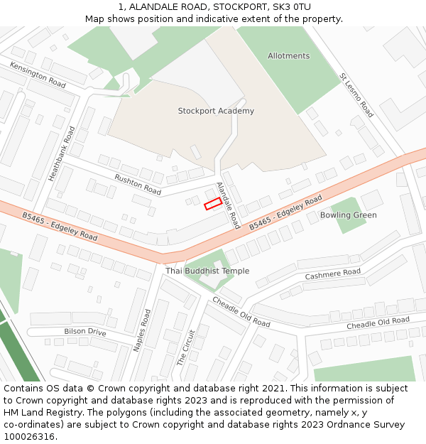 1, ALANDALE ROAD, STOCKPORT, SK3 0TU: Location map and indicative extent of plot