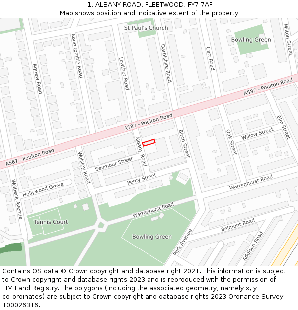 1, ALBANY ROAD, FLEETWOOD, FY7 7AF: Location map and indicative extent of plot