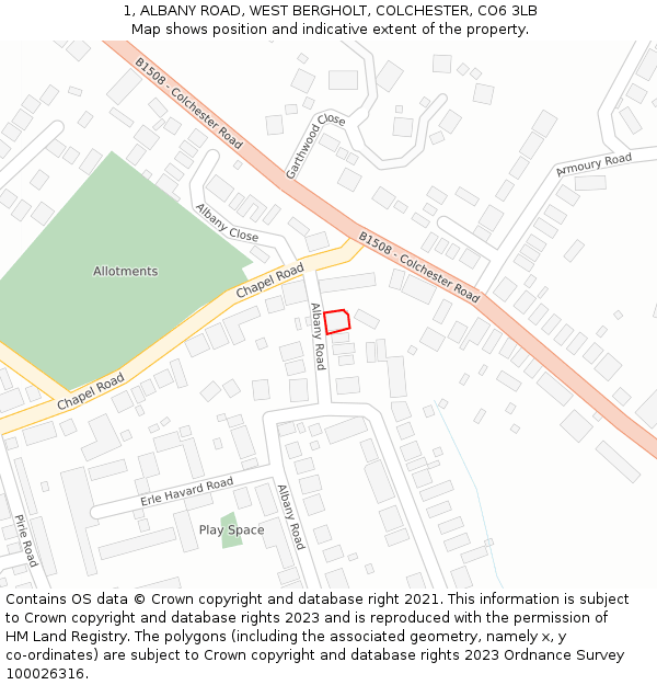 1, ALBANY ROAD, WEST BERGHOLT, COLCHESTER, CO6 3LB: Location map and indicative extent of plot