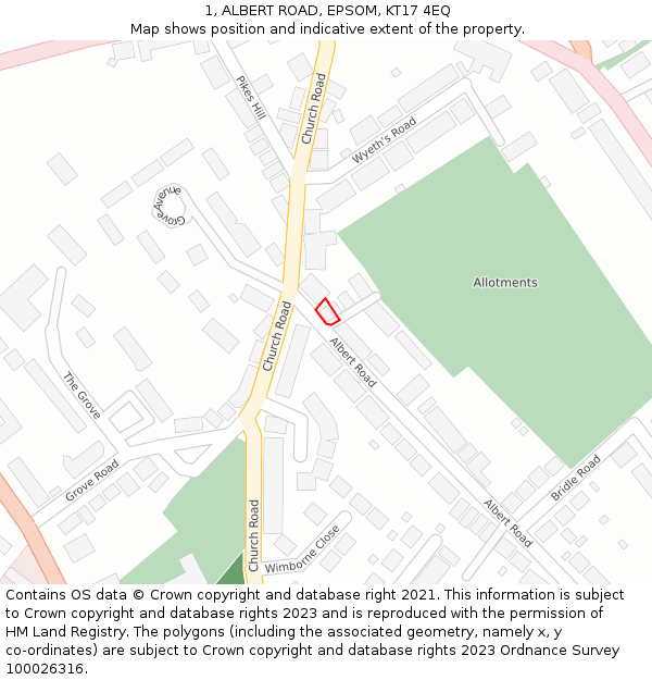 1, ALBERT ROAD, EPSOM, KT17 4EQ: Location map and indicative extent of plot