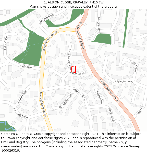 1, ALBION CLOSE, CRAWLEY, RH10 7WJ: Location map and indicative extent of plot