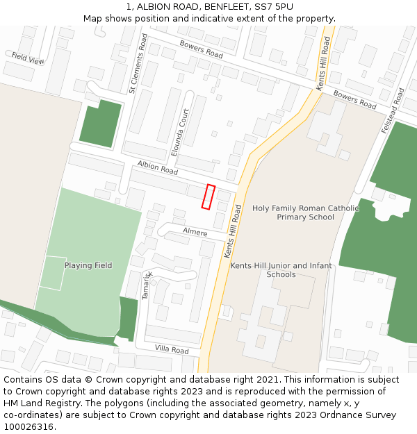 1, ALBION ROAD, BENFLEET, SS7 5PU: Location map and indicative extent of plot