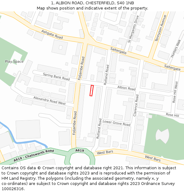 1, ALBION ROAD, CHESTERFIELD, S40 1NB: Location map and indicative extent of plot