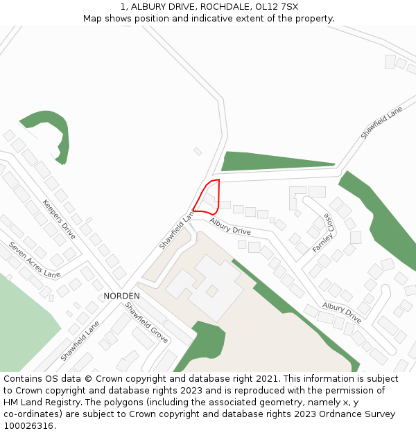 1, ALBURY DRIVE, ROCHDALE, OL12 7SX: Location map and indicative extent of plot