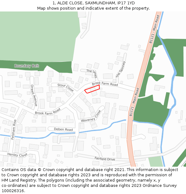 1, ALDE CLOSE, SAXMUNDHAM, IP17 1YD: Location map and indicative extent of plot