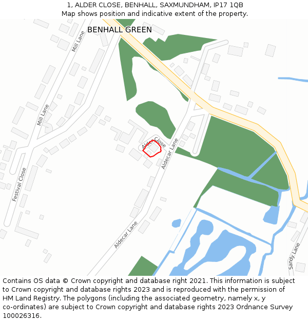 1, ALDER CLOSE, BENHALL, SAXMUNDHAM, IP17 1QB: Location map and indicative extent of plot