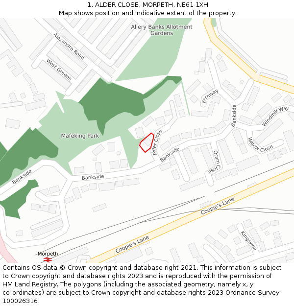 1, ALDER CLOSE, MORPETH, NE61 1XH: Location map and indicative extent of plot