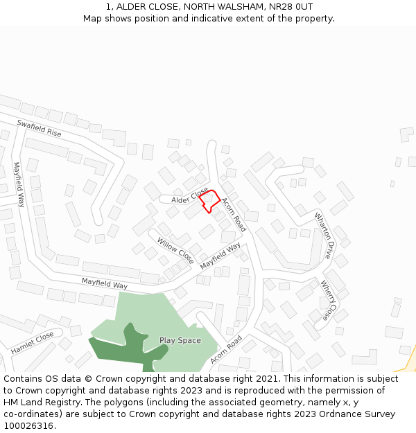 1, ALDER CLOSE, NORTH WALSHAM, NR28 0UT: Location map and indicative extent of plot