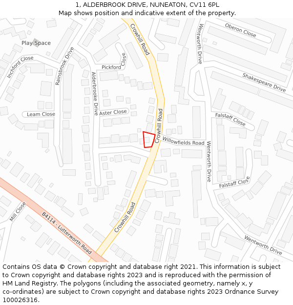 1, ALDERBROOK DRIVE, NUNEATON, CV11 6PL: Location map and indicative extent of plot