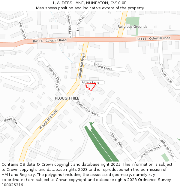 1, ALDERS LANE, NUNEATON, CV10 0PL: Location map and indicative extent of plot