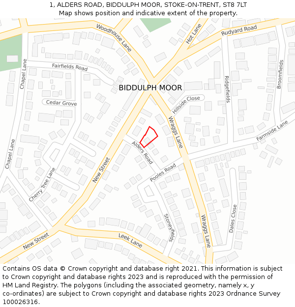 1, ALDERS ROAD, BIDDULPH MOOR, STOKE-ON-TRENT, ST8 7LT: Location map and indicative extent of plot