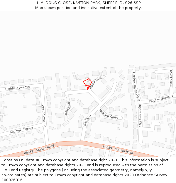 1, ALDOUS CLOSE, KIVETON PARK, SHEFFIELD, S26 6SP: Location map and indicative extent of plot