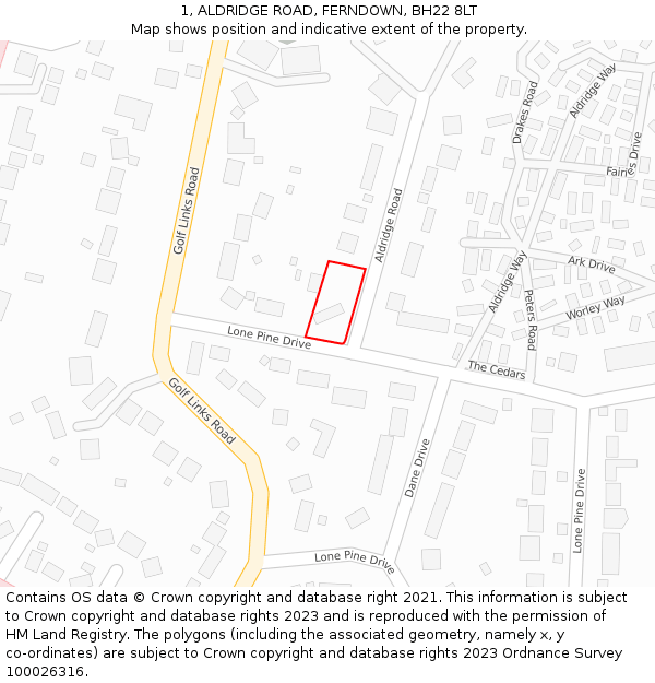 1, ALDRIDGE ROAD, FERNDOWN, BH22 8LT: Location map and indicative extent of plot