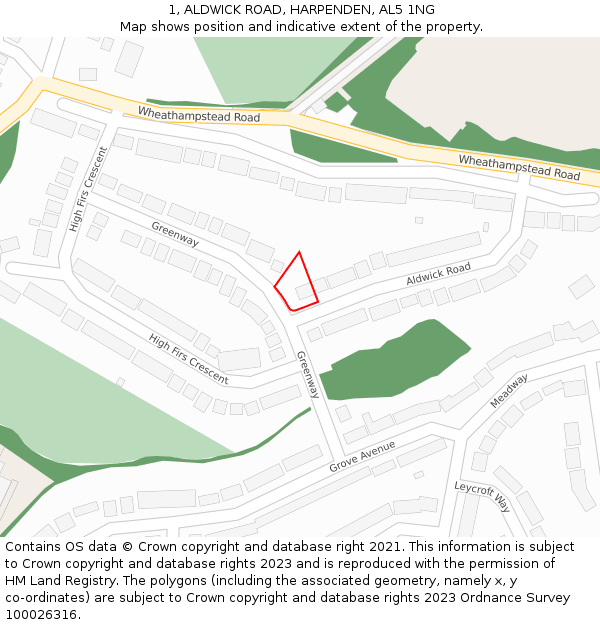 1, ALDWICK ROAD, HARPENDEN, AL5 1NG: Location map and indicative extent of plot