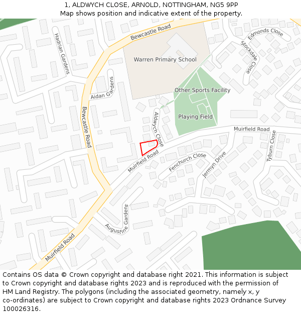 1, ALDWYCH CLOSE, ARNOLD, NOTTINGHAM, NG5 9PP: Location map and indicative extent of plot