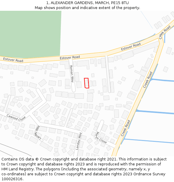 1, ALEXANDER GARDENS, MARCH, PE15 8TU: Location map and indicative extent of plot