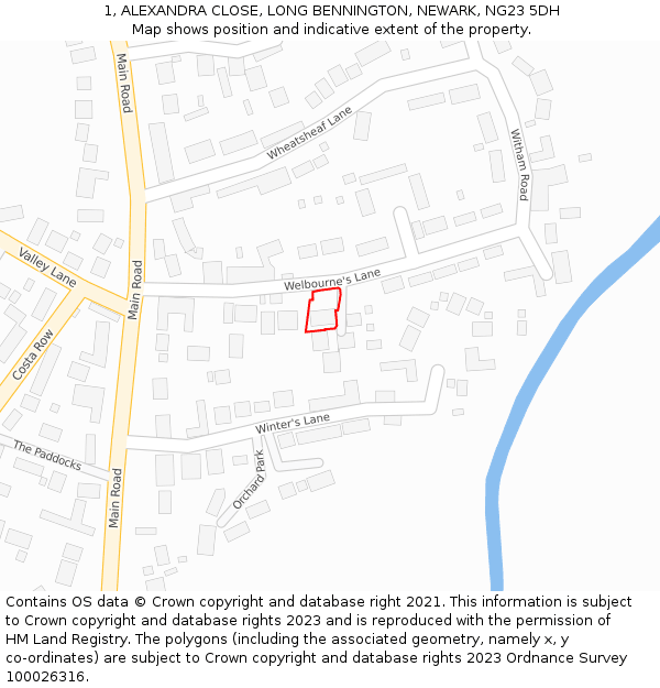 1, ALEXANDRA CLOSE, LONG BENNINGTON, NEWARK, NG23 5DH: Location map and indicative extent of plot