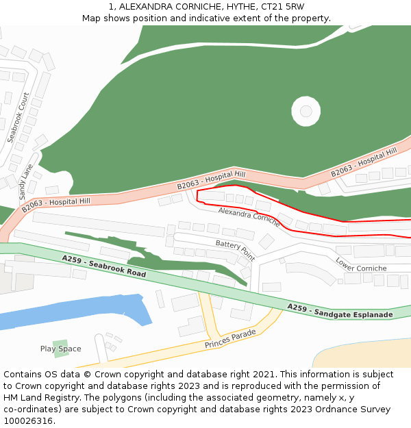 1, ALEXANDRA CORNICHE, HYTHE, CT21 5RW: Location map and indicative extent of plot