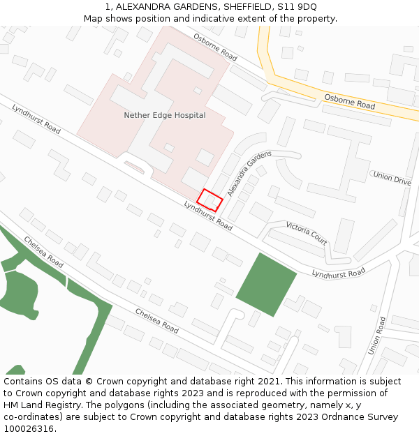 1, ALEXANDRA GARDENS, SHEFFIELD, S11 9DQ: Location map and indicative extent of plot