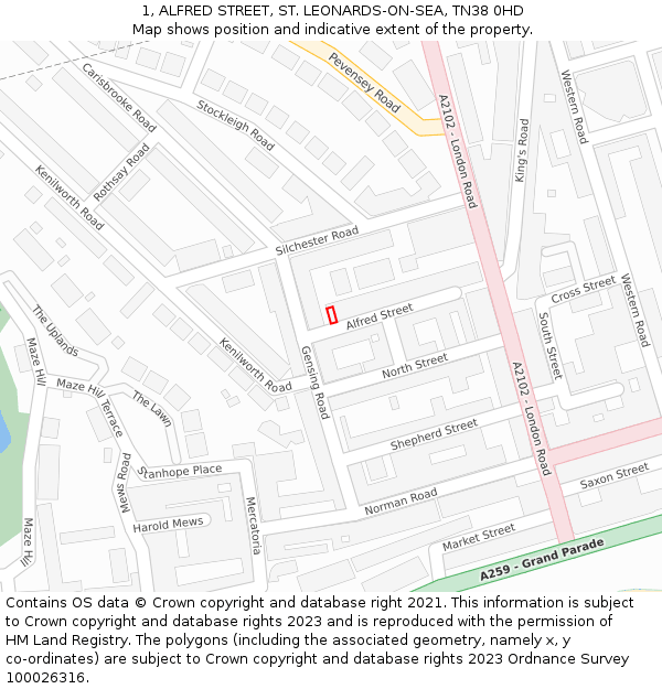 1, ALFRED STREET, ST. LEONARDS-ON-SEA, TN38 0HD: Location map and indicative extent of plot