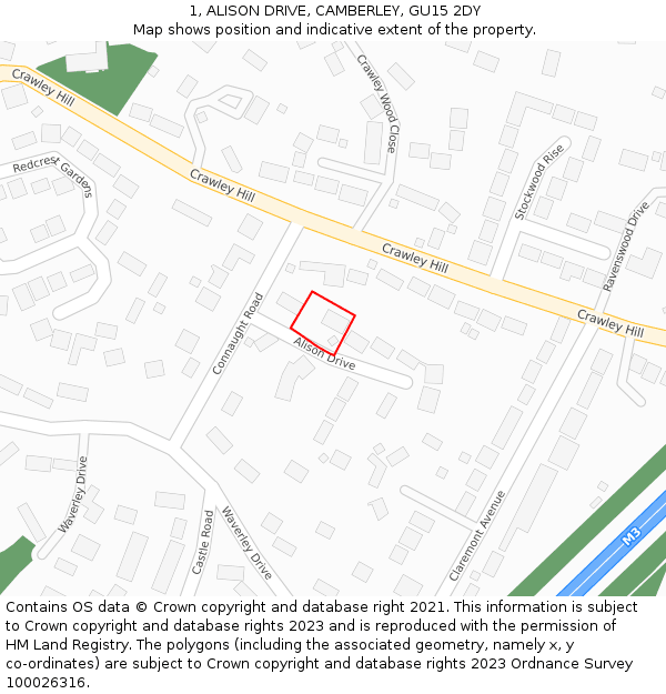 1, ALISON DRIVE, CAMBERLEY, GU15 2DY: Location map and indicative extent of plot