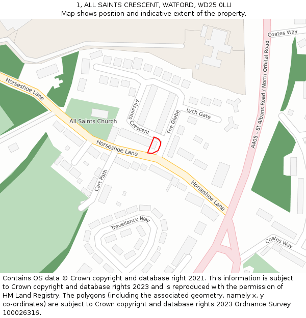 1, ALL SAINTS CRESCENT, WATFORD, WD25 0LU: Location map and indicative extent of plot