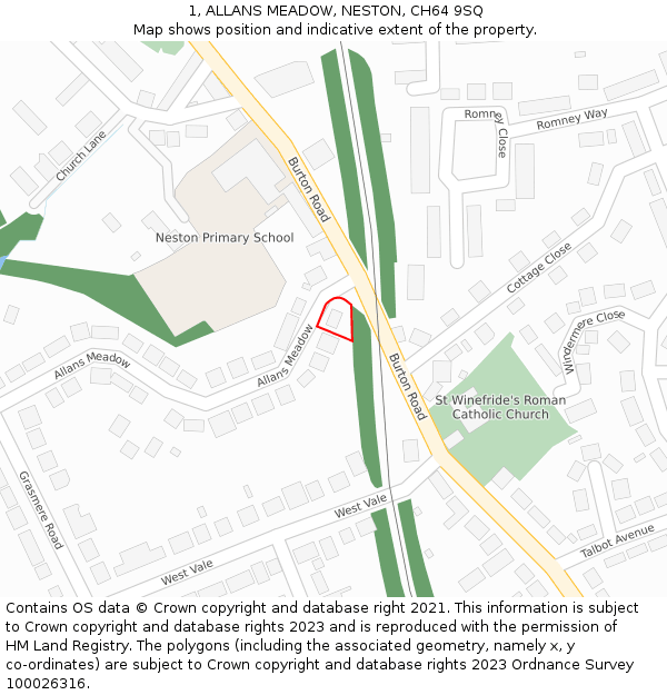 1, ALLANS MEADOW, NESTON, CH64 9SQ: Location map and indicative extent of plot