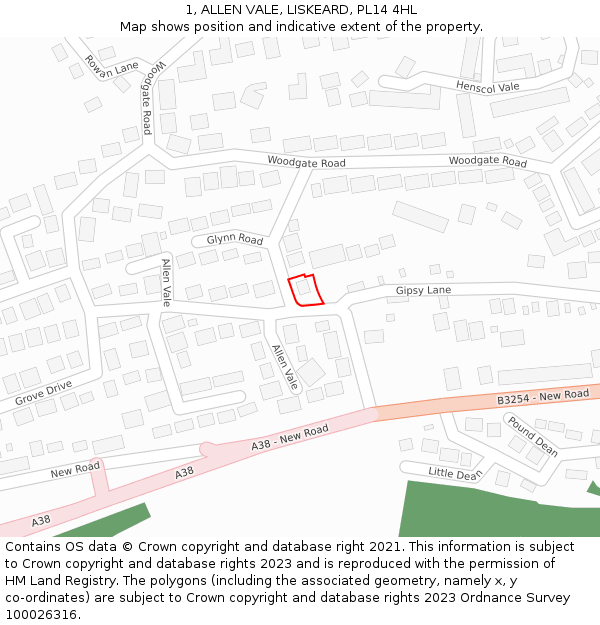 1, ALLEN VALE, LISKEARD, PL14 4HL: Location map and indicative extent of plot