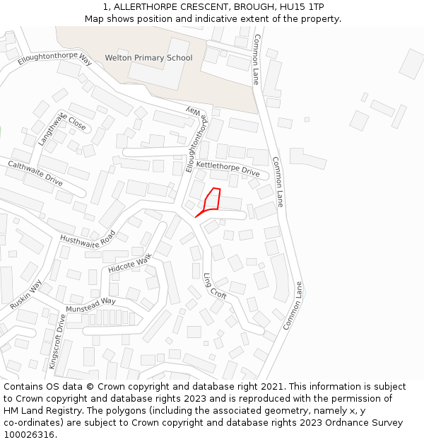 1, ALLERTHORPE CRESCENT, BROUGH, HU15 1TP: Location map and indicative extent of plot