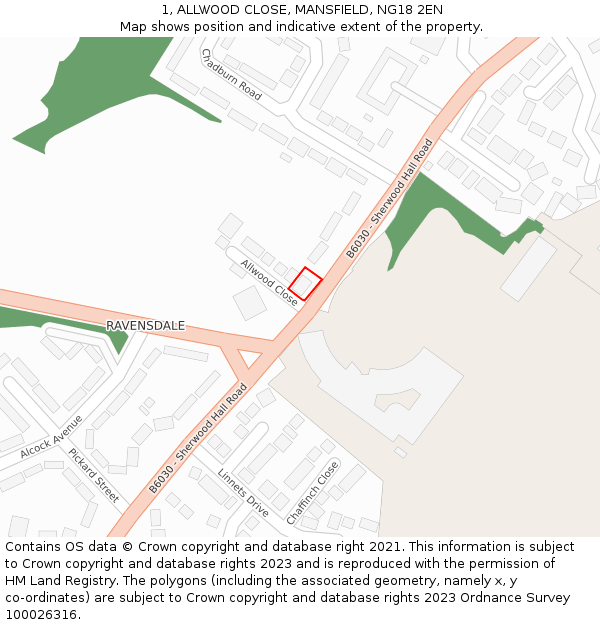 1, ALLWOOD CLOSE, MANSFIELD, NG18 2EN: Location map and indicative extent of plot