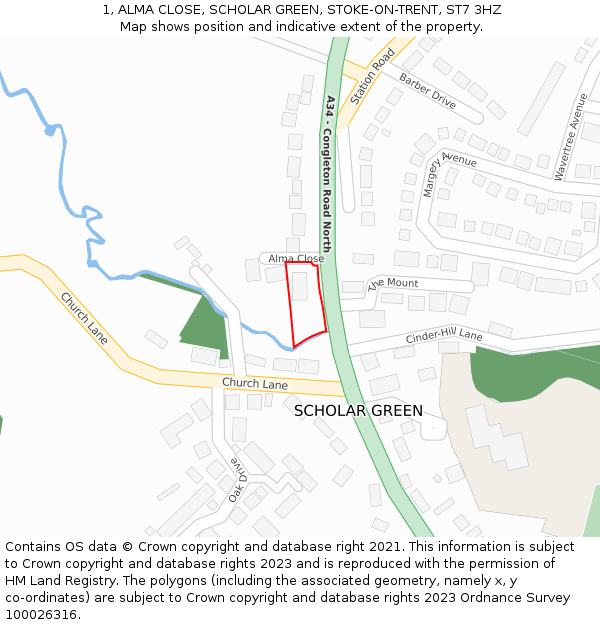 1, ALMA CLOSE, SCHOLAR GREEN, STOKE-ON-TRENT, ST7 3HZ: Location map and indicative extent of plot