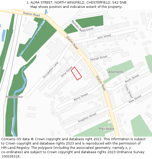 1, ALMA STREET, NORTH WINGFIELD, CHESTERFIELD, S42 5NB: Location map and indicative extent of plot