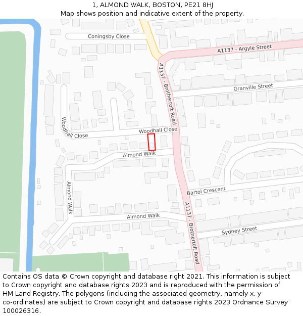 1, ALMOND WALK, BOSTON, PE21 8HJ: Location map and indicative extent of plot