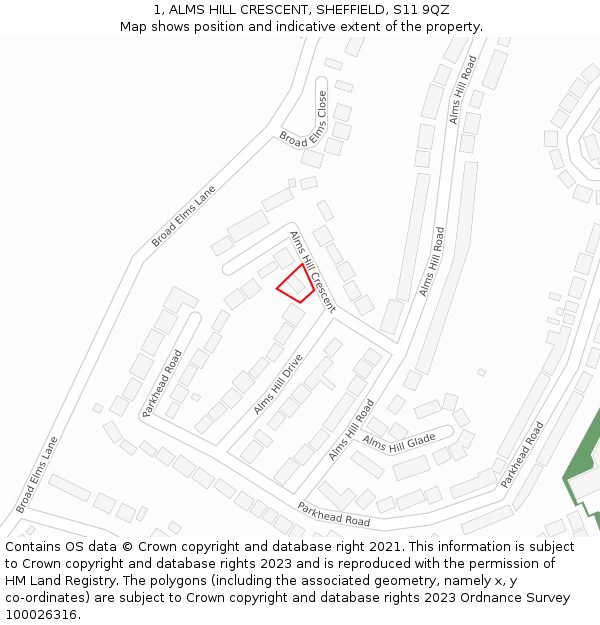 1, ALMS HILL CRESCENT, SHEFFIELD, S11 9QZ: Location map and indicative extent of plot