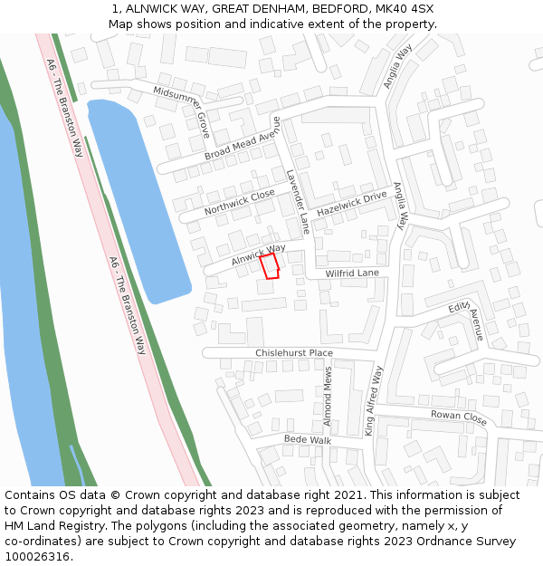 1, ALNWICK WAY, GREAT DENHAM, BEDFORD, MK40 4SX: Location map and indicative extent of plot