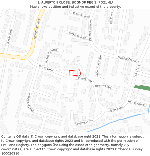 1, ALPERTON CLOSE, BOGNOR REGIS, PO21 4LF: Location map and indicative extent of plot