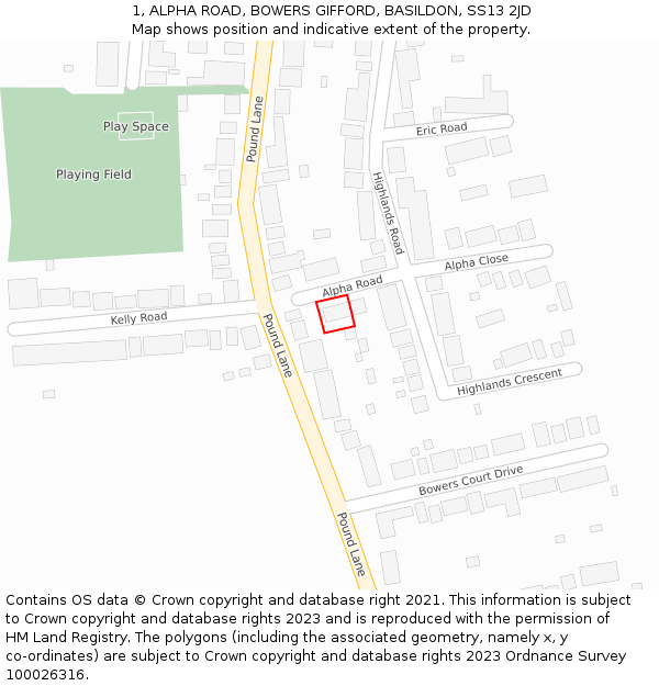 1, ALPHA ROAD, BOWERS GIFFORD, BASILDON, SS13 2JD: Location map and indicative extent of plot