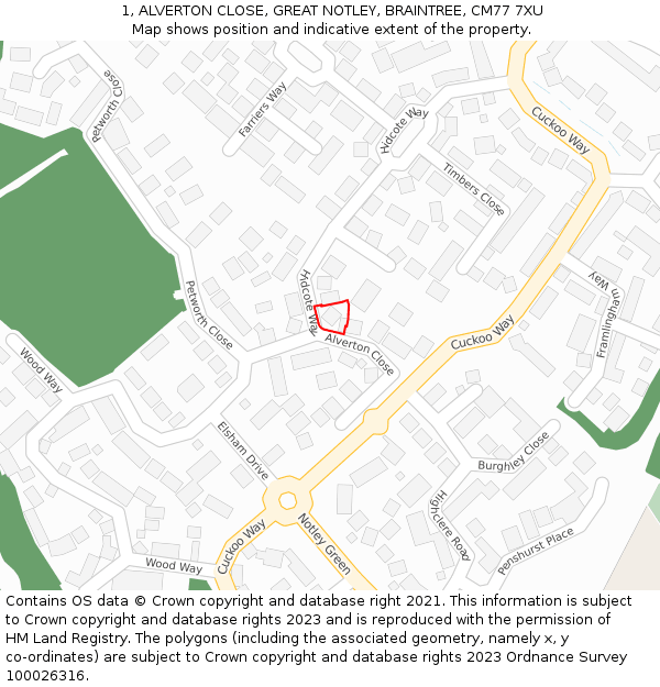 1, ALVERTON CLOSE, GREAT NOTLEY, BRAINTREE, CM77 7XU: Location map and indicative extent of plot