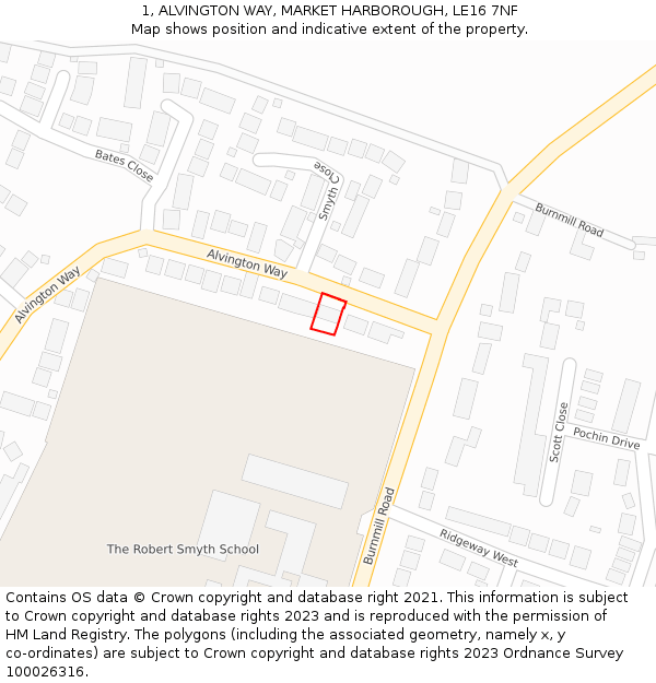 1, ALVINGTON WAY, MARKET HARBOROUGH, LE16 7NF: Location map and indicative extent of plot