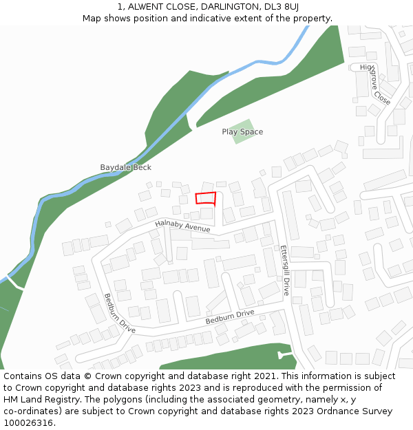 1, ALWENT CLOSE, DARLINGTON, DL3 8UJ: Location map and indicative extent of plot